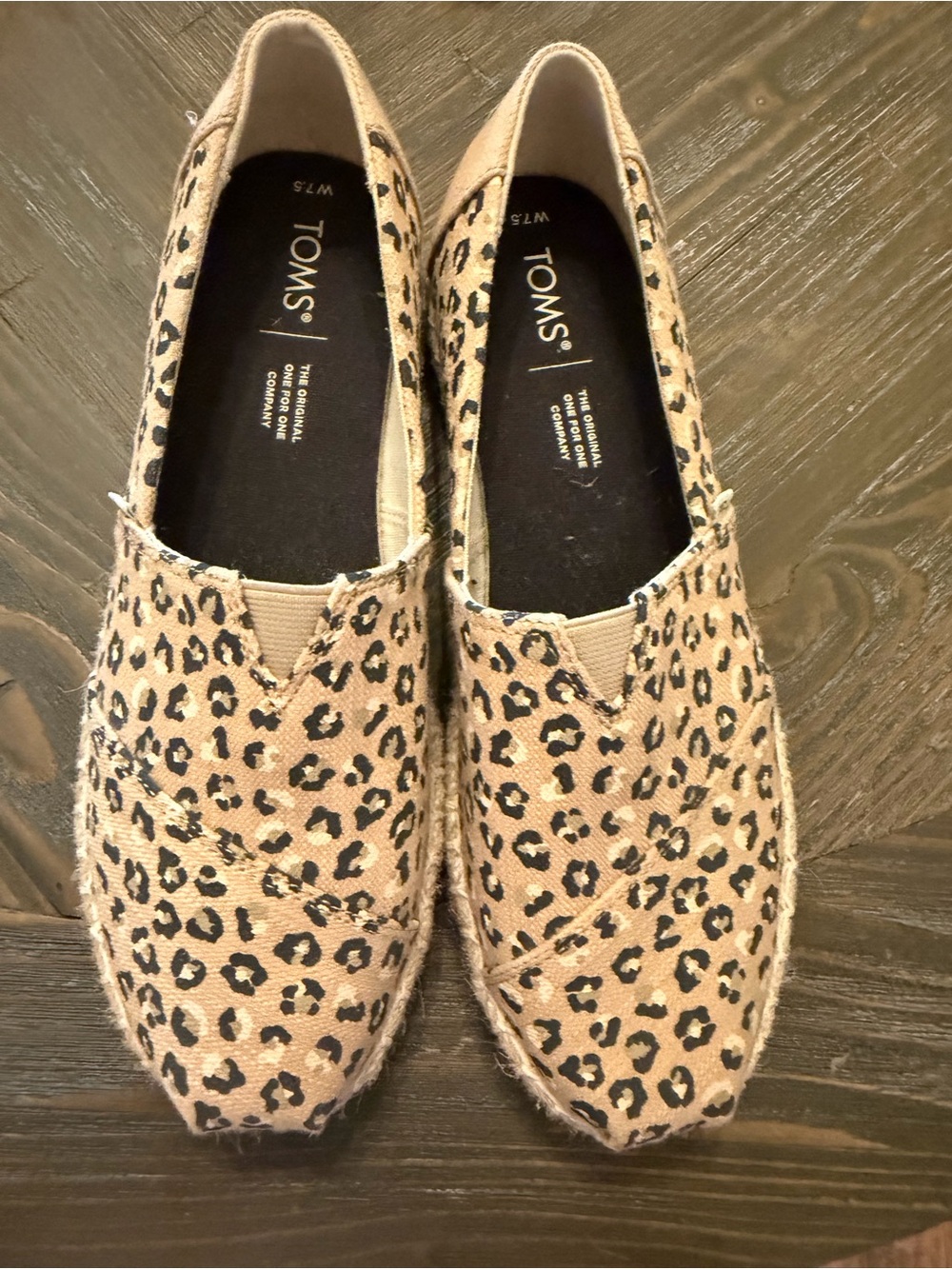 TOMS Leopard Print Espadrille Slip-Ons in Tan and Black